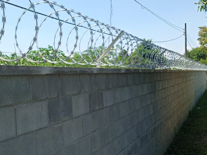 Instalação de concertina espiral em muro extenso, acabamento uniforme